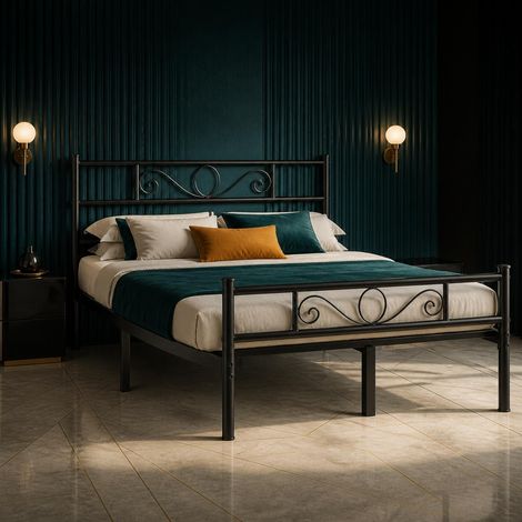 Struttura Letto Matrimoniale In Acciaio Al Carbonio Con Decorazioni E Rete A Doghe Metalliche Per Camera Da Letto Stanza Ospiti Design Elegante Minimal 207 X 162 X 88.5 Cm - Colore: Nero (1/5)