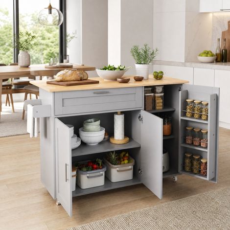 Isla de cocina 132,5x44(70)x90 cm en MDF gris, con almacenamiento, para cocina FloraGrace (1/5)