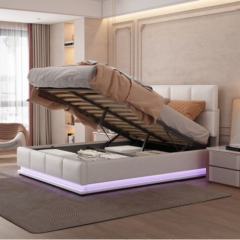 Letto contenitore adulto 140x200 cm con illuminazione LED e rete a doghe, bianco, materasso non incluso (1/5)