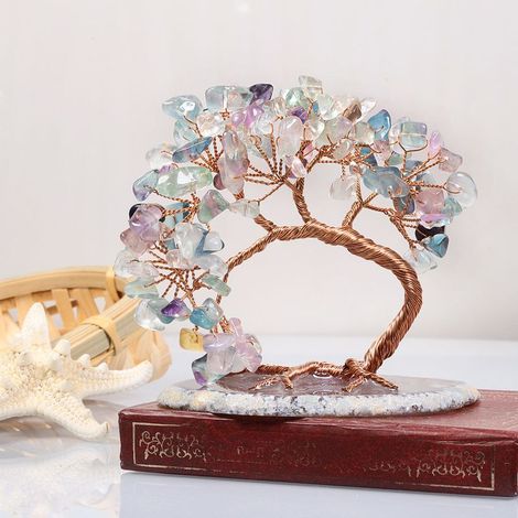 7-10cm Chakras Pierres Naturelles Arbre d'argent en Pierre sur Base de Tranches d'agate, Arbre de Vie Reiki Feng Shui Cristal Décoration de Bureaux et Maison pour la Bonne Chance