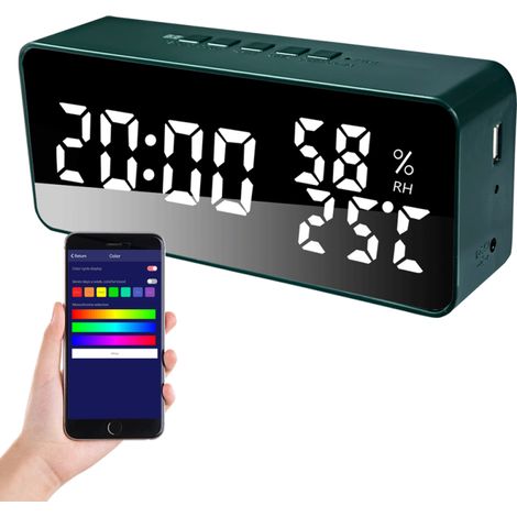 Réveil chambre 5 alarmes, affichage LED miroir, snooze, compte à rebours, date, température, humidité, luminosité variable, volume réglable. (1/5)