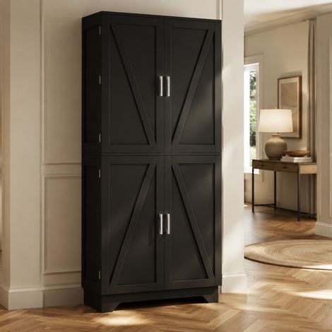 Mobile dispensa 80/40/180 cm nero e naturale, con portabottiglie e ripiani sulle ante (1/5)