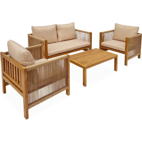 sweeek - Gartenmöbel-Set für 4 Personen aus Holz mit Seilbespannung
