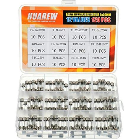 12 valeurs 120 pièces 5x20 mm Fusible en verre à fusion lente 0,2 x 0,78 pouce 250 V Volt T0,5 T1 T1.25 T1.6 T2 T2.5 T3 T3.15 T4 T5 T6.3 T10 Ampli Kit de classification (1/4)