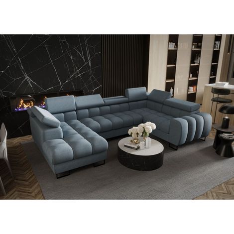Wohnlandschaft Schlafsofa BASTIEN in Stoff Terra Türkis Ottomane Links