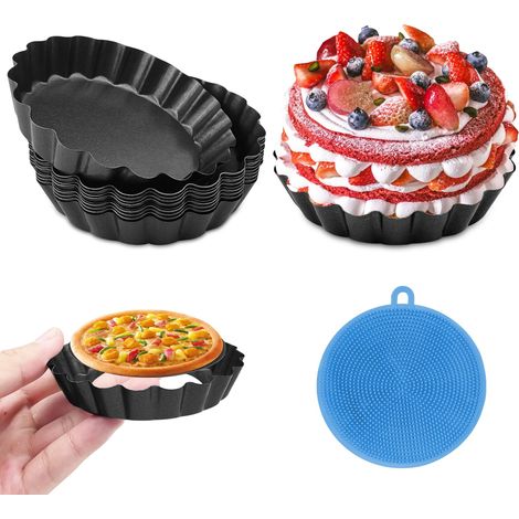 Pack de 10 Black Moules à Tartelette Ronde Quiche Moule Faite d'Acier au Carbone avec dispositif de Levage de la Base de la Tarte Moule avec de l'Onde de Bord, 10 cm, Gâteau aux Fruits Moule avec Revê (1/5)