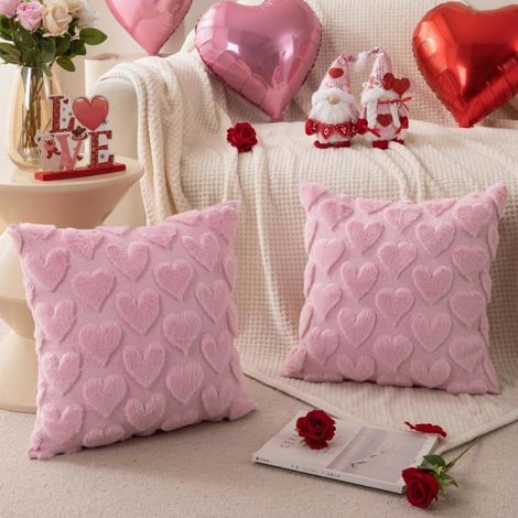 Taies d'oreiller - 1 paire - Taies d'oreiller Saint-Valentin - 45 x 45 cm - Décoration Saint-Valentin - Cœurs roses - Peluche douce (1/4)
