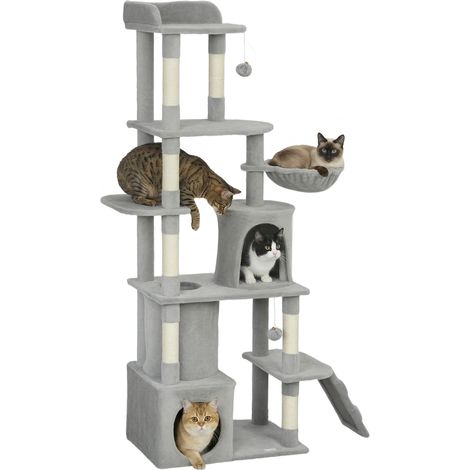 Dunkelgrauer Katzenbaum 170 cm: Spielturm mit 7 Kratzstämmen, 3 Plattformen, 2 Höhlen, Tunnel, Hängematte und 2 Pompons.