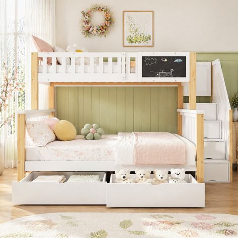 Lit superposé 90x200 avec rangements, pin blanc HAVRYA (1/5)