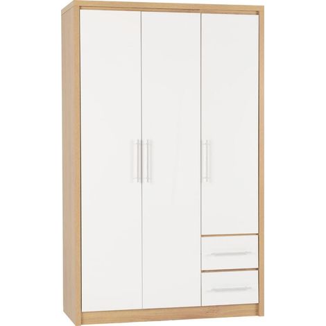 Seville 3 Door 2 Drawer Wardrobe - L47 x W111 x H180 cm - White High Gloss/Light Oak Effect Veneer (1/4)