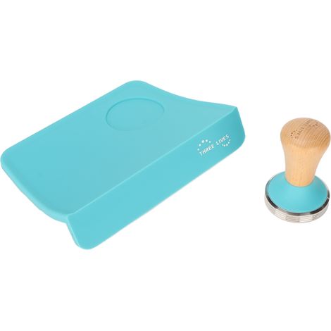 Ensemble presse-café avec manche en bois, base plate et marteau. Tapis de tasseur antidérapant en silicone avec fente, bleu, diamètre du marteau : 51 mm. (1/5)