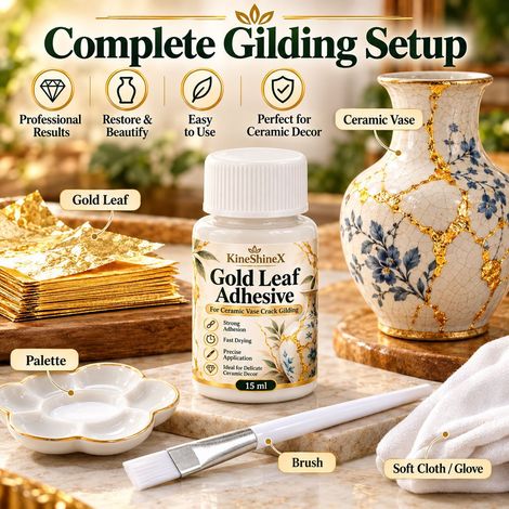 KineShineX Keramikvasen-Klebstoff zum Aufbringen von Rissen, Spezialkleber für Blattgoldapplikation, KineShineX Keramik-Verpackung zum Aufbringen von Rissen. (1/4)