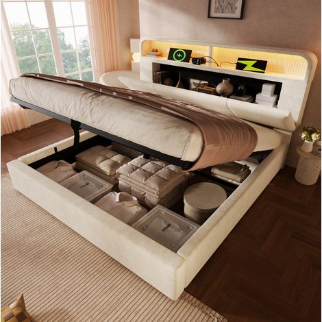 Letto matrimoniale imbottito 211x145x100/110 cm, testiera contenitore regolabile, LED e ricarica USB Type C, velluto beige (1/5)