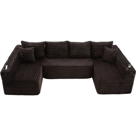 Sofá modular en U de tejido efecto cordón marrón, 4 cojines de respaldo, 2 decorativos (1/5)
