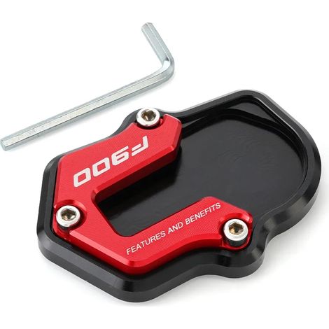 (Rouge) Plaque d'extension de béquille latérale compatible avec BMW F900 R XR 2020, F900R et F900XR 2021, 2022 et 2023. Rehausse de béquille latérale Maxpower. (1/4)