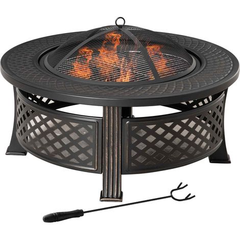Feuerschale Schürhaken Funkenschutz Feuerkorb Feuertisch Rund Feuerstelle Garten Camping Bbq Stahl Schwarz 81X81X50Cm (1/5)