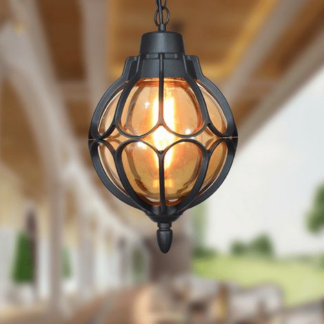 Suspension extérieure noire, lanterne pendante en métal rustique avec globe en verre, luminaire étanche pour porche, terrasse et entrée, taille moyenne, éclairage décoratif pour extérieur (1/5)
