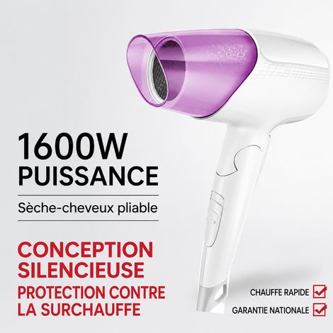 Sèche-Cheveux Pliable 1600W 220V Air Chaud et Froid avec Buse Moteur DC Modèle 1632 200 g Violet – Livraison gratuite (1/2)