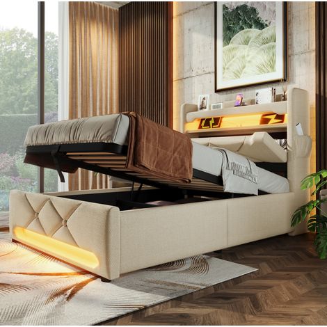 lit adulte rangement LED 90x200 lin beige OKMYHOME (1/5)