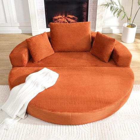 Divano angolare componibile e trasformabile in letto ovale 173 x 176 cm – materasso da pavimento 2 posti in schiuma e velluto a coste arancione con 3 cuscini inclusi per monolocale e soggiorno