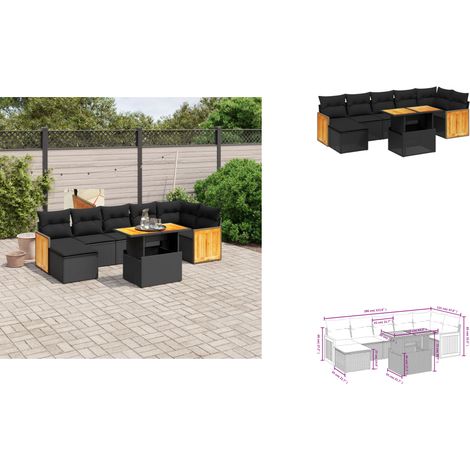 Salon de jardin 8 pcs avec coussins noir résine tressée - Ensemble Salon De Jardin - Mobilier Extérieur - Résine Tressée - Rotin Synthétique - Table Extensible (1/3)
