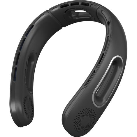 (Noir) Ventilateur de cou rechargeable USB 5200mAh, design perforé, fonctionnement silencieux, 4 réglages de vitesse de vent. (1/5)
