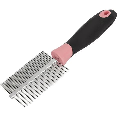 Peigne double face pour animaux de compagnie, rond, à dents larges et denses, en acier inoxydable, rose. Convient également aux chiens et aux chats. (1/5)