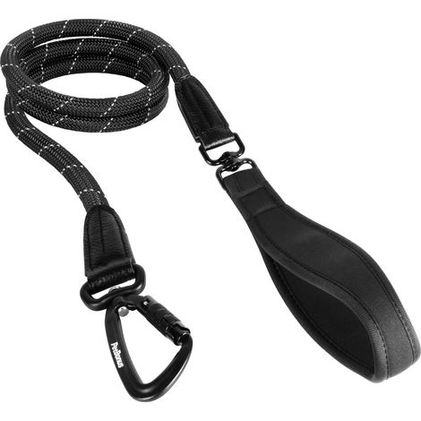 Dog Lead with Rope, 1.5 m High-Strength Nylon Dog Lead with Aviation Aluminium Carabiner, Comfortable Padded Handle, Reflective Training Lead for Medium Large Dogs (Black) (1/5)