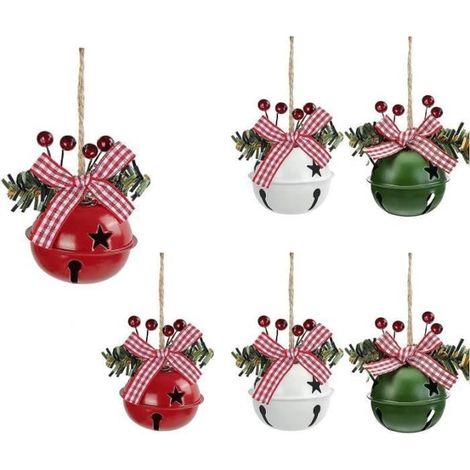 Ornement de sapin de Noël - Cloche de Noël - 6 Pendentifs - Rouge, Blanc, Vert - Art du Fer - 13x5cm
