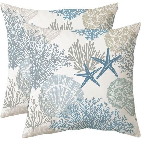 Housses de coussin décoratives en velours, motif nautique, 45 x 45 cm, lot de 2, motif plage, océan, coquillages, corail, étoiles de mer, bleu (1/4)