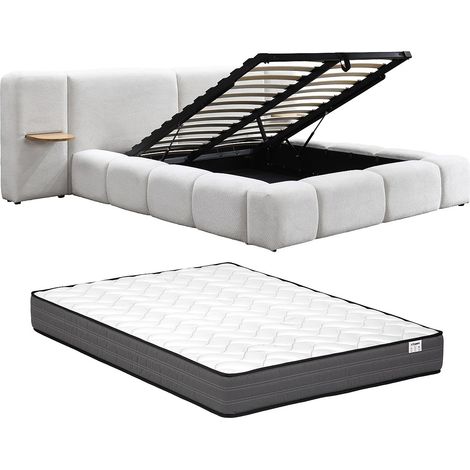 Letto contenitore con comodini 180 x 200cm Tessuto bouclette Beige + Materasso – VILACO