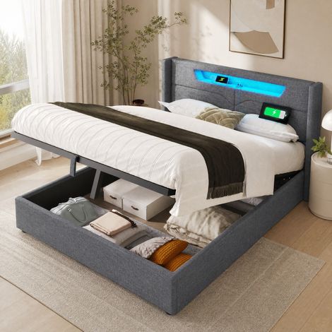 Cama doble tapizada con LED y carga USB, 168x212x109 cm, con almacenaje, lino gris (1/5)
