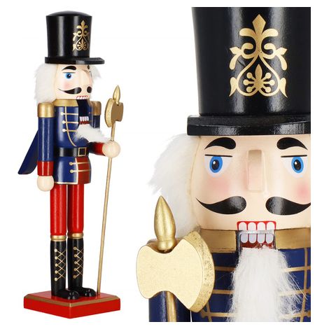 Dziadek do orzechów 38 cm con un piccolo accetta, un ornamento natalizio, una figura di soldatino di legno blu e rosso. (1/5)