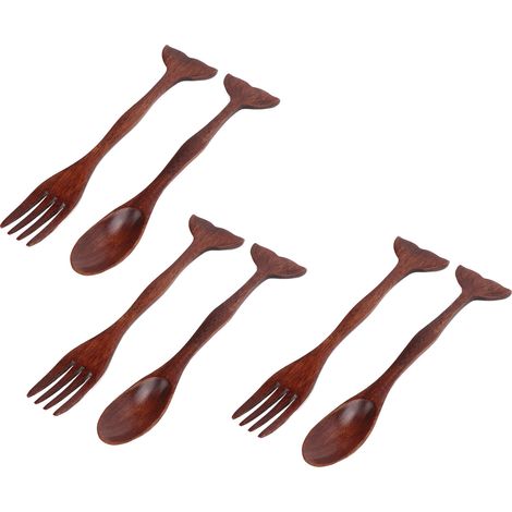 Lot de 2 couverts en bois japonais, cuillère et fourchette en forme de queue de poisson, vaisselle de voyage réutilisable, ustensiles écologiques pour repas nomades. (1/5)