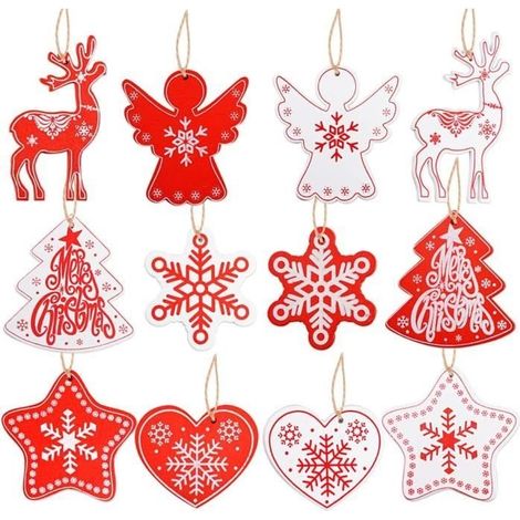 12 décorations de sapin de Noël pendentifs en bois 6 styles décorations créatives pour les fêtes de Noël DIY Rouge et blanc