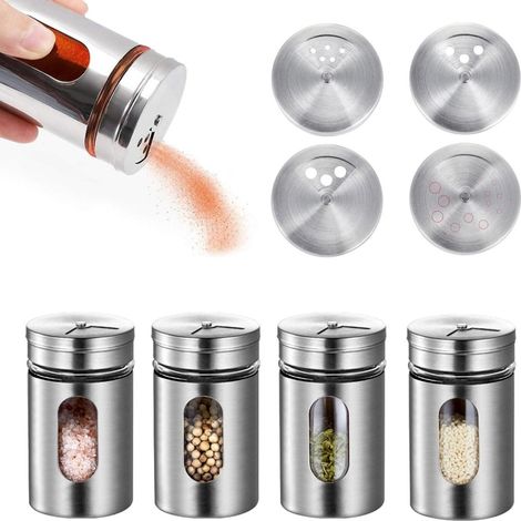 Pot À Épices - Acier Inoxydable 304 - 80 Ml - Fenêtre Transparente - 3 Régulations De Dispersion - Pour Épices Fines À Grosses - Lot De 4 (1/5)