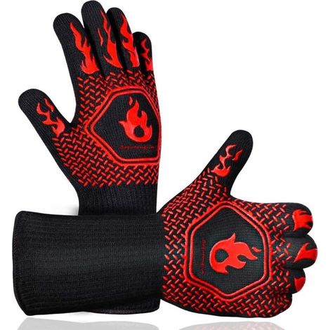 Gants de four, gants de gril résistants à la chaleur jusqu'à 800 °C 1 paire, accessoires de cuisine en coton antidérapant pour cuisiner, cuire au four, griller, cheminée (rouge) (1/4)
