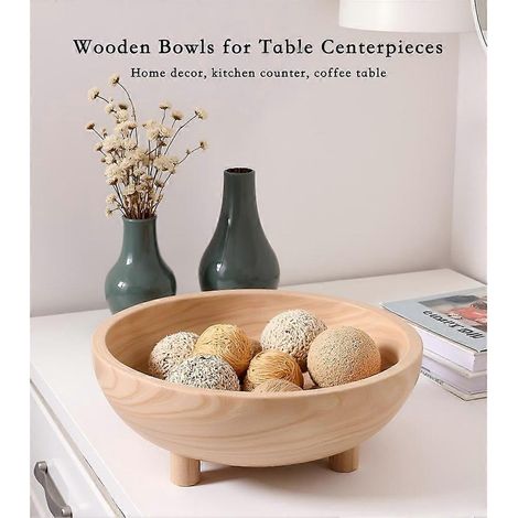 Bol décoratif en bois, grand bol à fruits en bois de 28 cm (11 pouces), convient aux comptoirs de cuisine, aux consoles d'entrée, etc., objet décoratif en bois. (1/5)