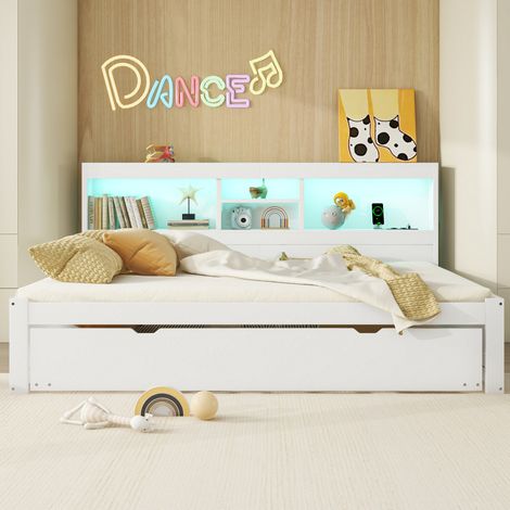 Cama nido 140x200 cm de MDF y paneles blanca con LED, ahorro de espacio, sin colchón – MEUBLIV (1/5)
