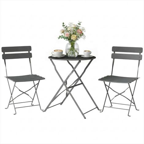 Table de jardin bistrot pliante grise avec 2 chaises en métal (1/5)