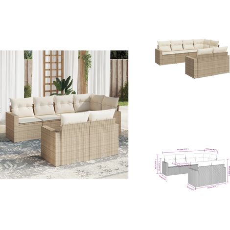7-tlg. Garten-Sofagarnitur mit Kissen Beige Poly Rattan - Gartensofa - Polyethylen Möbel - Outdoor Sofa - Lounge Set - Gartenlounge (1/3)