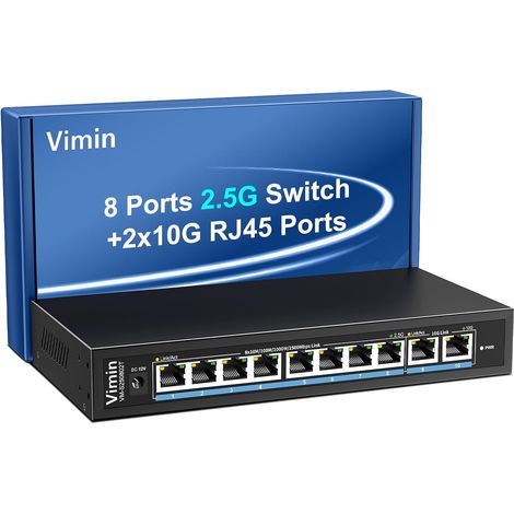 Commutateur Ethernet Non géré 10 Go avec 8 Ports Base-T 2,5 G, 2 Ports RJ45 10G, commutateur réseau Base-T 2,5 Go, capacité 60 Gbit/s, commutateur Multi-Gigabit pour Bureau/Montage Mural pour NAS, PC (1/5)