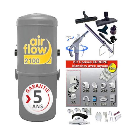 Airflow – Aspirateur central 2100 – Dépression 3500 mmCE – Débit d’air 207 m3/h – 8 accessoires + kit 4 prises – Surface jusqu’à 400 m²
