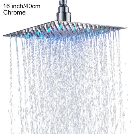 Pommeau de douche à effet pluie LED chromé (16 pouces), éclairage carré en acier inoxydable à couleurs changeantes (1/3)