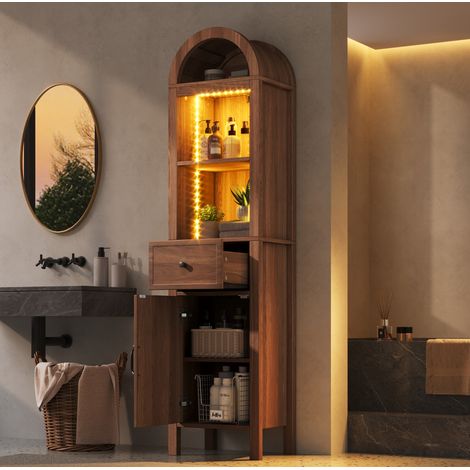 Mobile contenitore da bagno autoportante 40x30x163 cm con illuminazione LED RGB, anta reversibile, cassetto, legno di noce (1/5)