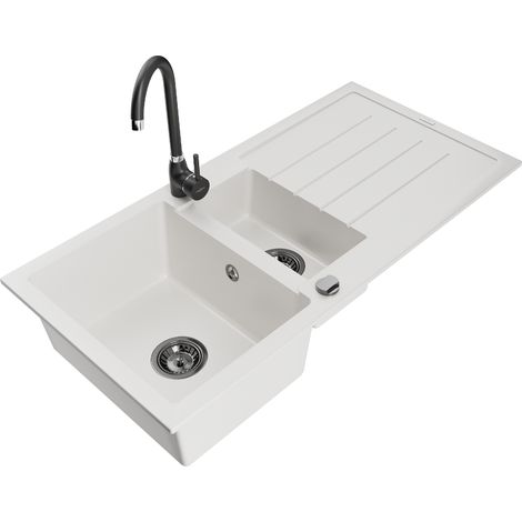 Mexen Andres lavello in granito da 1,5 vasche con scolapiatti e rubinetto da cucina Telma, bianco - 6515-20-670200-70 (1/5)
