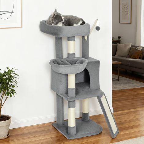 Torre gioco per gatti con tiragraffi e tappetino in sisal, piattaforma, nascondiglio, amaca, 40,5 x 40,5 x 103 cm, grigio