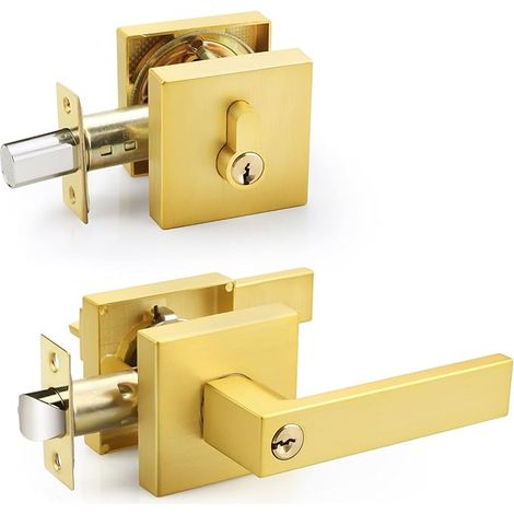 Verrou de porte à cylindre unique, poignée avec serrure réversible laiton brossé, ensemble de verrouillage pour chambre, salle de bain hôtel, finition satinée (1/5)
