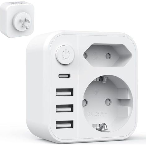Frankreich-USA-Steckeradapter mit 3 USB-A- und 1 USB-C-Anschluss sowie 2 europäischen Steckern, Frankreich nach USA, Kanada, Mexiko, Thailand, Typ B, 6 in 1