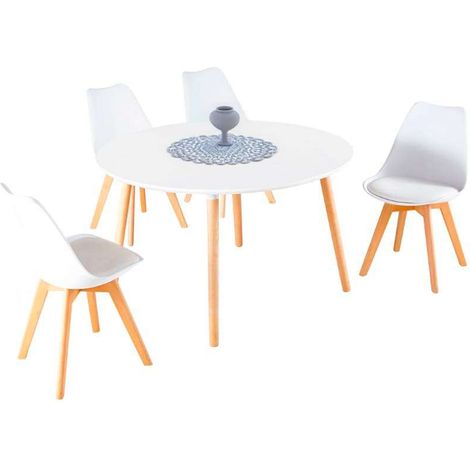 Pack Mesa Y 4 Sillas Comedor Estilo Nórdico Moderno Salón Color Blanco Y Roble Patas Madera